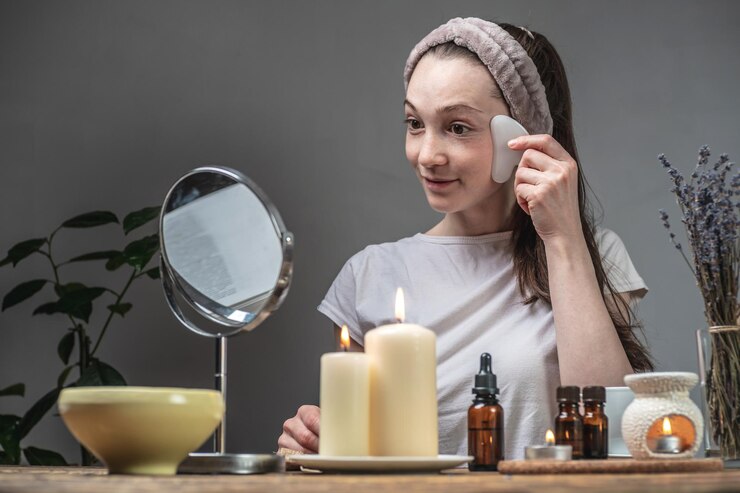 Woman is looking in the mirror and doing a massage with a gouache scraper Candles and an aroma lamp with essential oils
